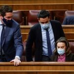 La portavoz del Grupo Popular en el Congreso, Cuca Gamarra junto a los diputados populares, Guillermo Mariscal y Pablo Hispán.