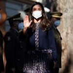 La Reina Letizia a su llegada a una reunión de trabajo con motivo del 150 aniversario del Patronato de Huérfanos del Ejército de Tierra