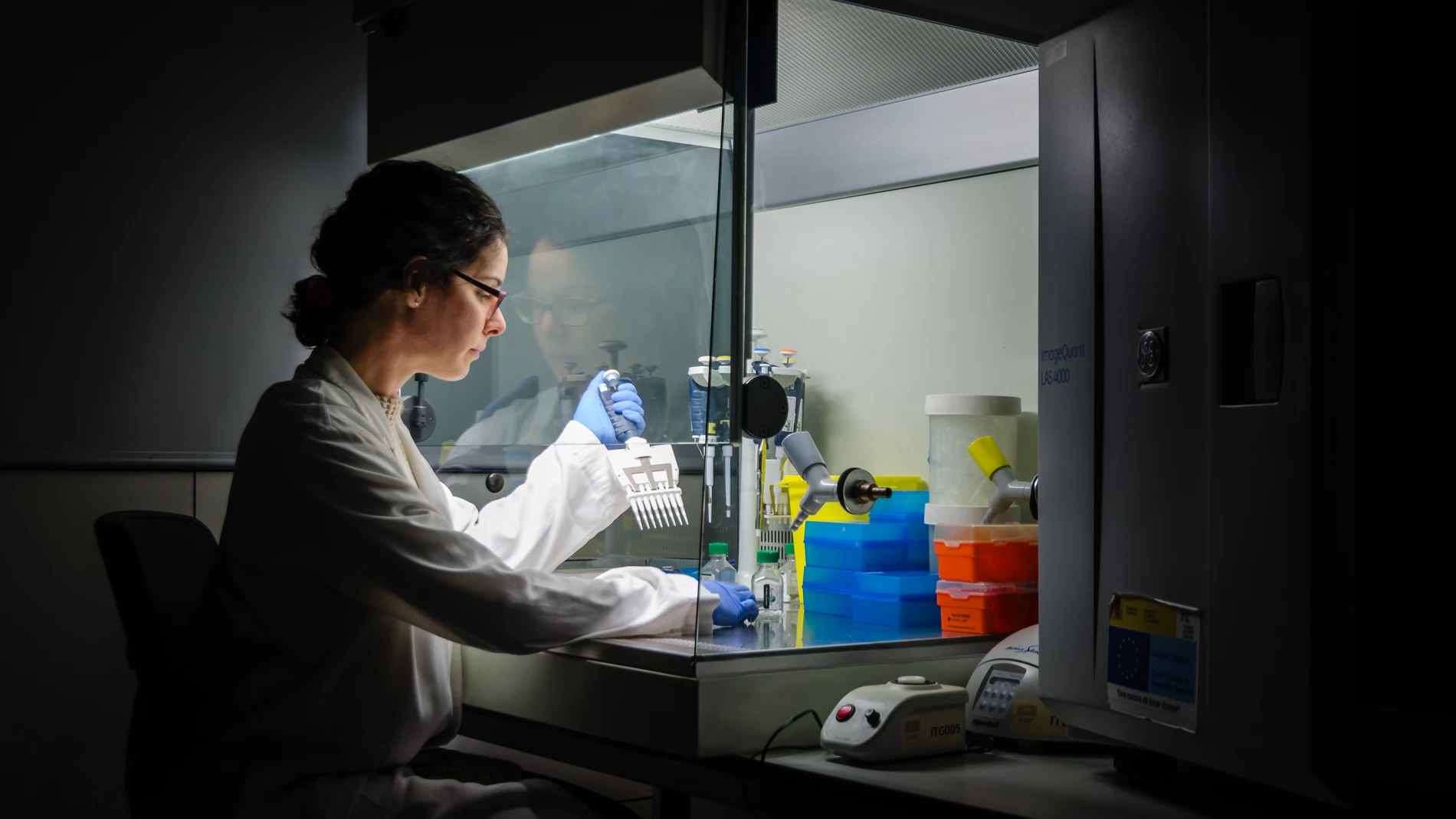 Científica inyectando una sustancia en un tubo, dentro de una campana extractora de gases