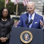 President Joe Biden, accompanied by Judge Ketanji Brown Jackson, speaks during an event on the South Lawn of the White House in Washington, Friday, April 8, 2022, celebrating the confirmation of Jackson as the first Black woman to reach the Supreme Court. (AP Photo/Andrew Harnik)