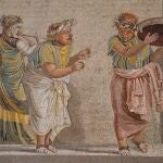 Mosaico con una escena teatral, uno de los grandes foros para el humor en la cultura griega y romana