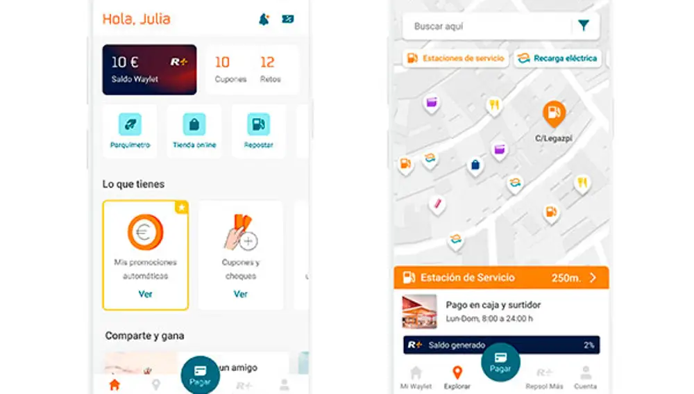 Entre los servicios que ofrece Waylet, se encuentra la localización de todas las estaciones de servicio de Repsol y de los puntos de recarga de coches eléctricos.