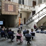 El presidente de la Generalitat, Pere Aragonès, durante el acto de conmemoración del Día de la República celebrado en el Palau de la Generalitat, en el que ha animado a la sociedad catalana a "seguir estirando del hilo rojo republicano, porque hoy es la mejor propuesta para hacer avanzar el país, ya lo era hace 91 años y lo es ahora". EFE/Andreu Dalmau