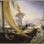 Pintura de Horace Vernet del bombardeo de San Juan de Ulúa visto desde la corbeta francesa La Créole. En la proa del barco, el príncipe de Joinville recibe el informe del teniente de navío Penaud y asiste a la explosión de la torre del fuerte en noviembre de 1838
