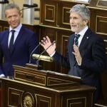 El presidente del Senado, Ander Gil y el ministro del Interior, Fernando Grande-Marlaska interviene en la reunión del Consejo Nacional de Protección Civil en el Palacio del Senado