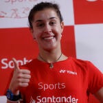 Carolina Marín durante la rueda de prensa ofrecida en el Polideportivo Gallur de Madrid, sede de los Campeonatos de Europa de Bádminton