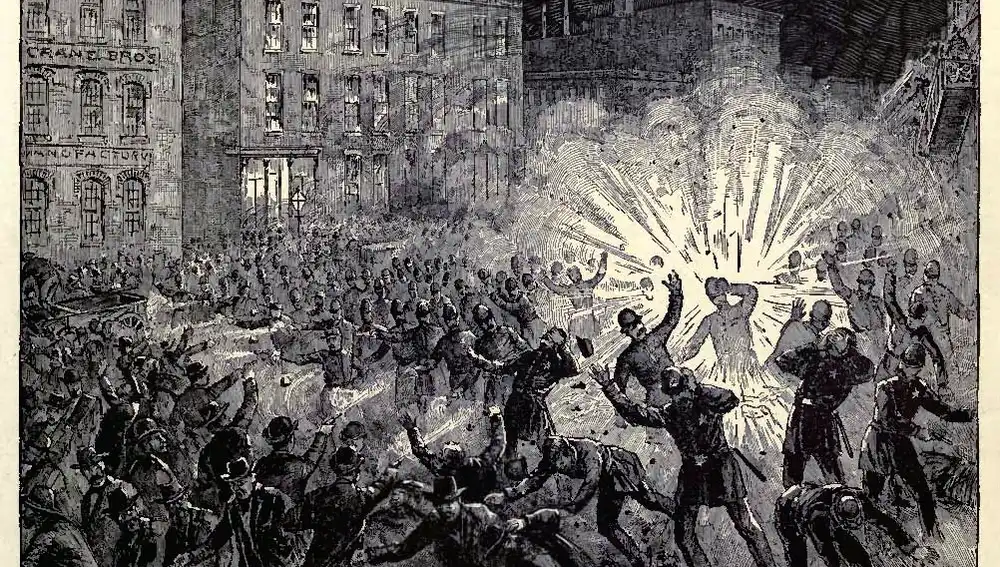 Grabado que muestra la explosión en la Revuelta de Haymarket | Dominio Público