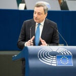 El primer ministro italiano, Mario Draghi, durante su comparecencia este martes en el Parlamento Europeo