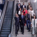 El conseller de Hacienda, Arcadi España; el presidente, Ximo Puig; el alcalde de Valencia, Joan Ribó y la consellera de Política Territorial, Rebeca Torró, en el acto de puesta en servicio de la Línea 10 de Metrovalencia