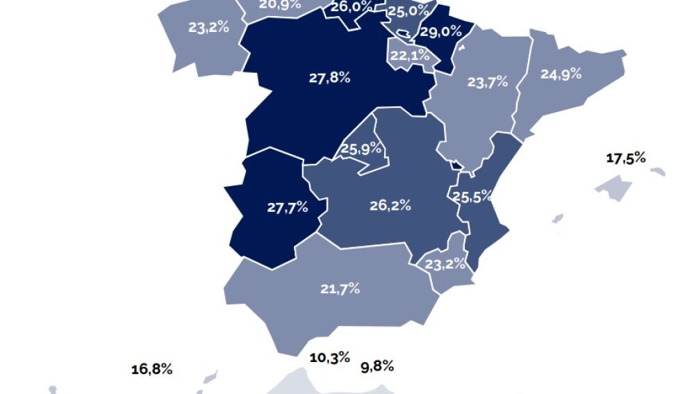 Mapa del índice de jóvenes fumadores en las diferentes comunidades autónomas del estudio "Impacto del cáncer en España" de la Asociación Española Contra El Cáncer