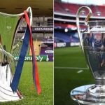 Trofeos de la Champions League femenina (izquierda) y masculina