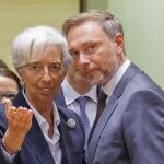 From left, European Commissioner for Economy Paolo Gentiloni, President of the European Central Bank ECB Christine Lagarde, Germany's Finance Minister Christian Lindner talk as Latvia's Finance Minister Janis Reirs and Greek Finance Minister Christos Staikouras look on prior to the meeting of Eurogroup Finance Ministers at the European Council building in Brussels, Monday, May 23, 2022. (AP Photo/Olivier Matthys)