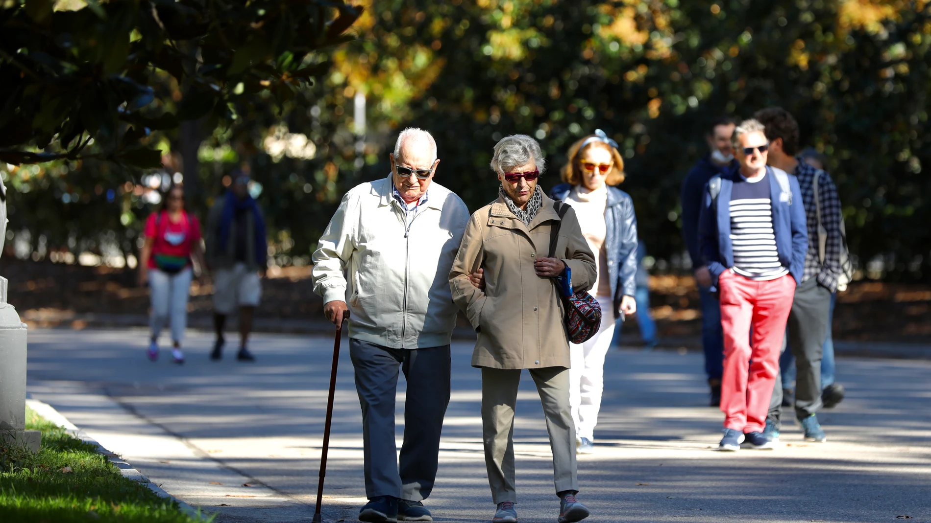 Pensionistas paseando por un parque.