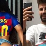 Piqué, junto a una imagen de Suzy Cortez, la joven brasileña que lo acusa de acoso