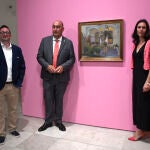 De I a D: El presidente de la Fundación Harriet y Esteban Vicente, Andrew Stein; el presidente de la Diputación de Segovia, Miguel Ángel de Vicente; y la directora-conservadora del Museo de Arte Contemporáneo Esteban Vicente; presentan la exposición ‘A la luz del Jardín. Sorolla – Vicente’