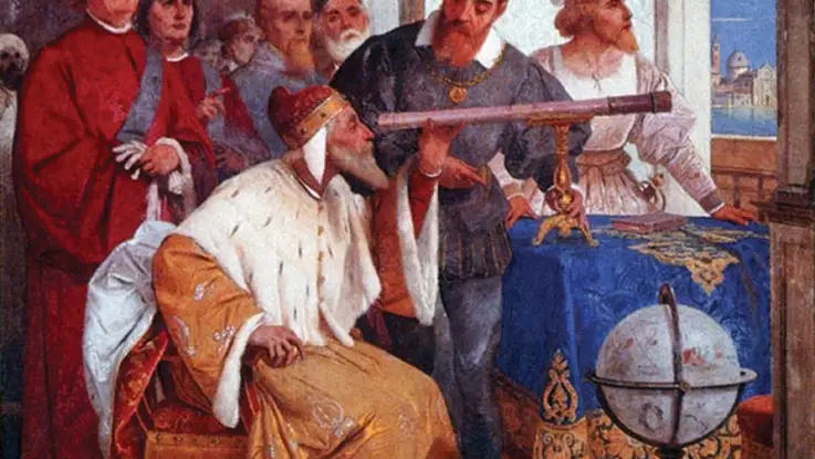 Fresco de Giuseppe Bertini que muestra a Galileo enseñando al dux de Venecia a usar el telescopio