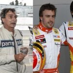 Nelson Piquet y Fernando Alonso junto a su hijo, Nelsinho Piquet