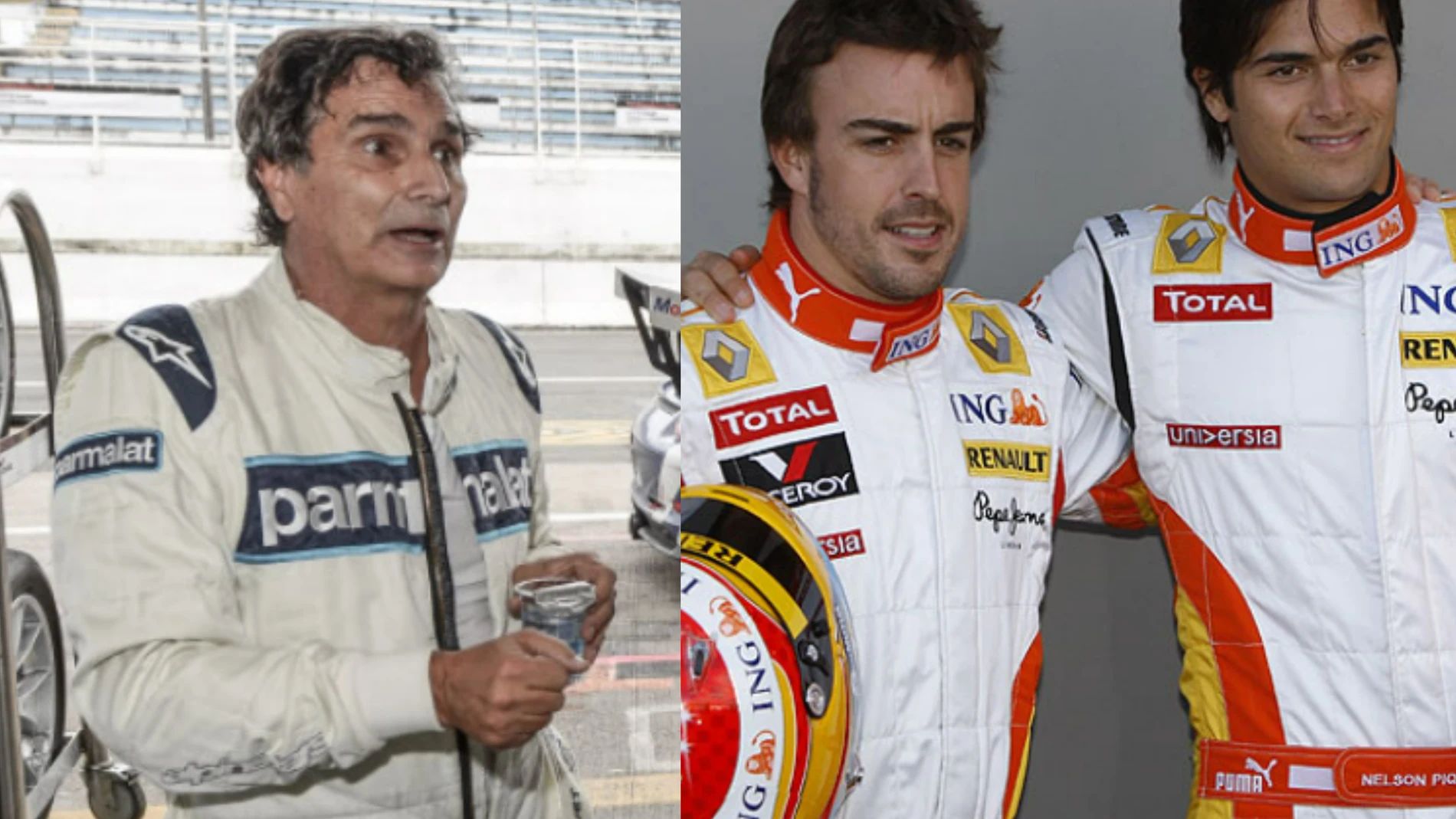 Nelson Piquet y Fernando Alonso junto a su hijo, Nelsinho Piquet