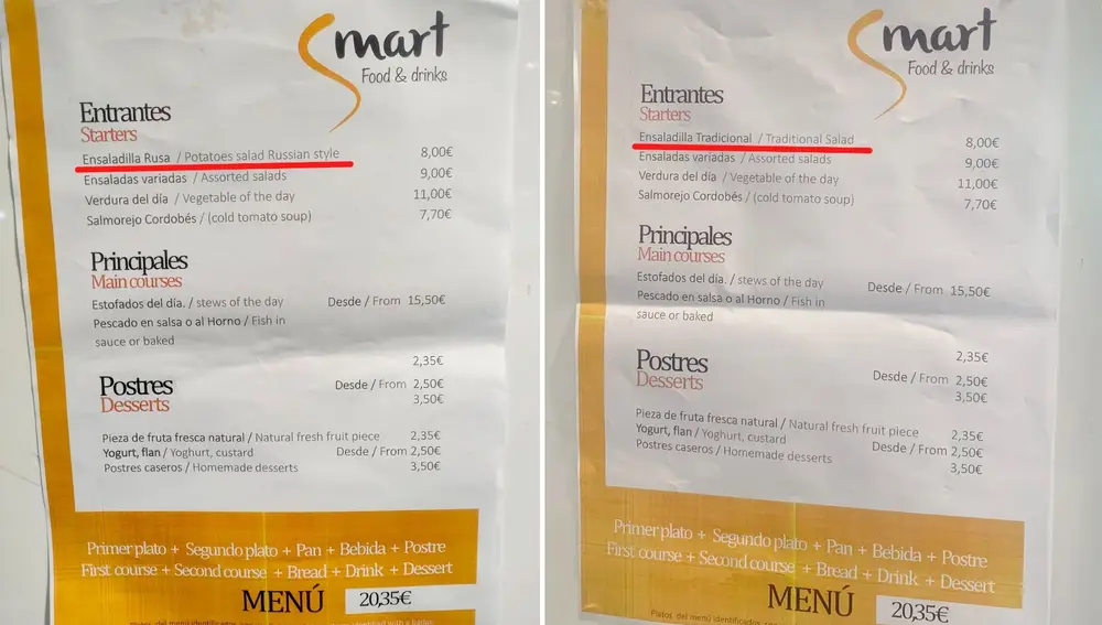 La carta con los platos de la cafetería de la Cumbre
