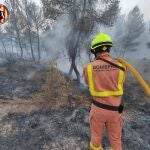 Un bombero trabaja en la extinción de un fuego en Venta del Moro (Valencia)