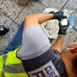 Un agente junto a parte de la droga hallada en los registros