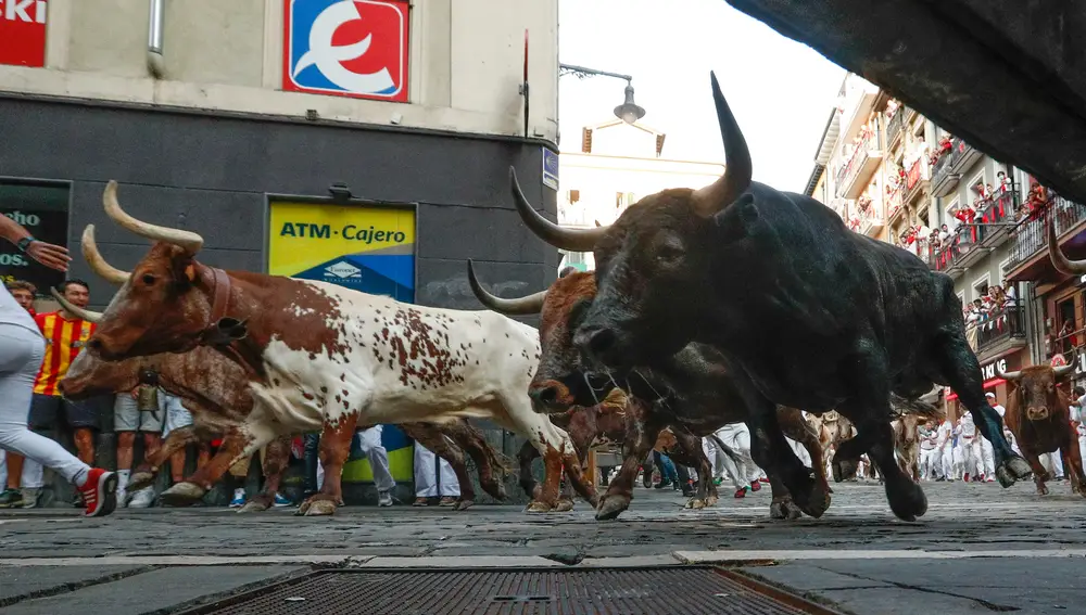 Los mozos, durante el octavo y último encierro de los Sanfermines con toros de la ganadería de Miura en la curva de Mercaderes este jueves en Pamplona. EFE/Rodrigo Jimenez
