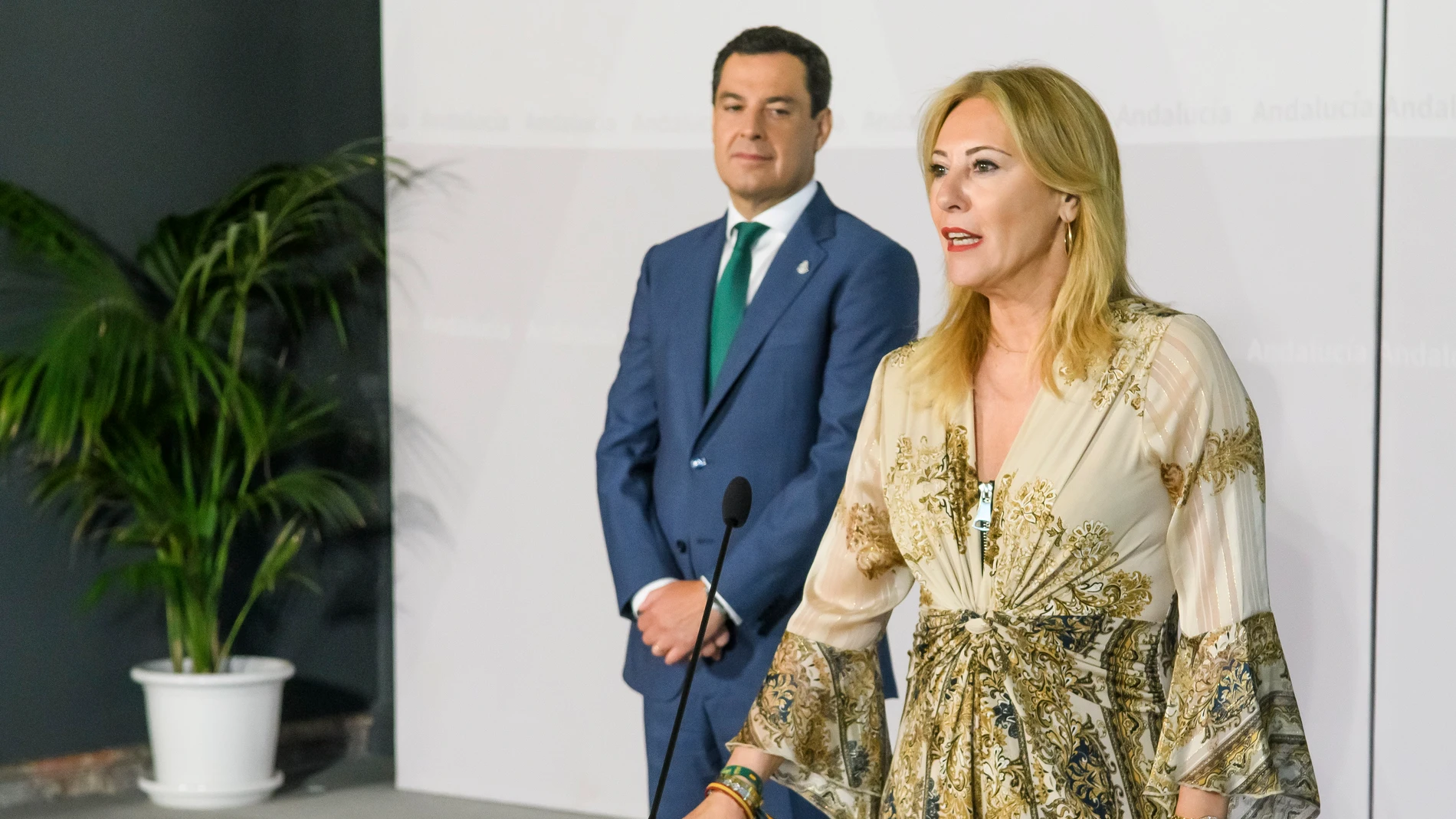 El presidente de la Junta de Andalucía, Juanma Moreno, presidiendo el acto de toma de posesión de la consejera de Economía, Hacienda y Fondos Europeos, Carolina España, en el Palacio de San Telmo