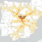 Mapa de España con los puntos del país a los que se puede llegar en tren desde Madrid en 5 horas
