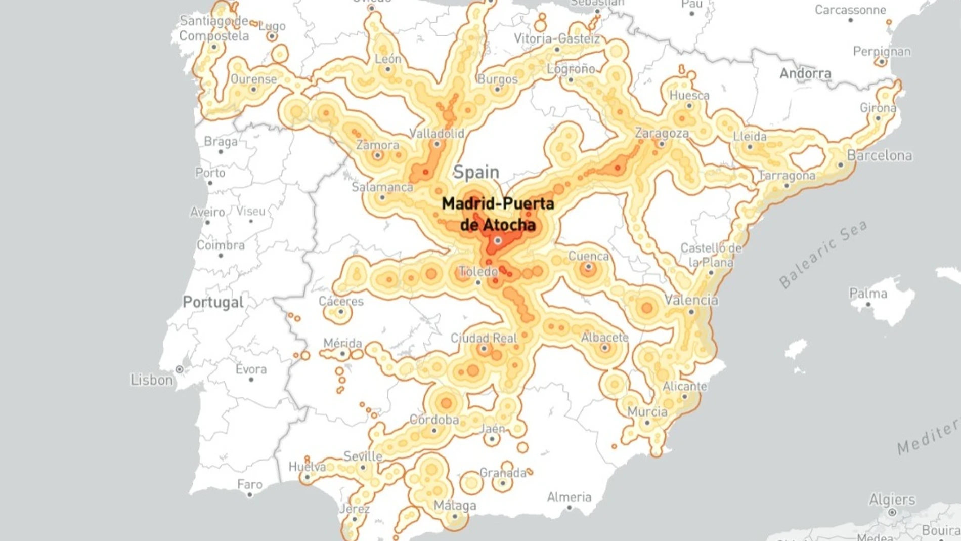 Mapa de España con los puntos del país a los que se puede llegar en tren desde Madrid en 5 horas