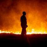 Un vecino ante las llamas mientras colabora en las labores de extinción del incendio de Cures, en Boiro, A Coruña