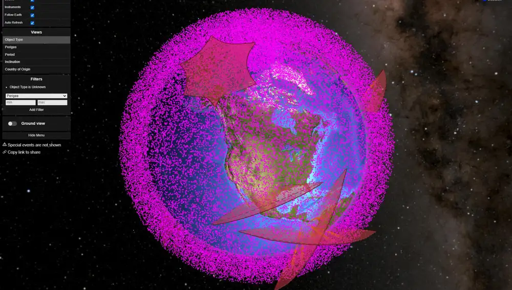 Los puntos rosas corresponden a miles de fragmentos y restos de basura espacial sin identificar.