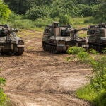 Obuses autopropulsados K-9 en la sección occidental de la frontera intercoreana en Paju, en Corea del Sur, en maniobras preliminares a las ejercicios conjuntos de EEUU y Corea del Sur