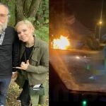 A la izquierda, Alexander Dugin junto a su hija Daria, en una imagen de archivo. A la derecha, Dugin se lleva las manos a la cabeza tras la explosión