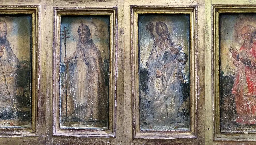 Retrato de los cuatro Padres de la Iglesia Latina en la Iglesia de Nuestra Señora de la Asunción en Villamelendro de Valdavia (Palencia, Castilla y León). A saber: Agustín de Hipona, Gregorio Magno, Ambrosio de Milán y Jerónimo de Estridón (de izquierda a derecha).