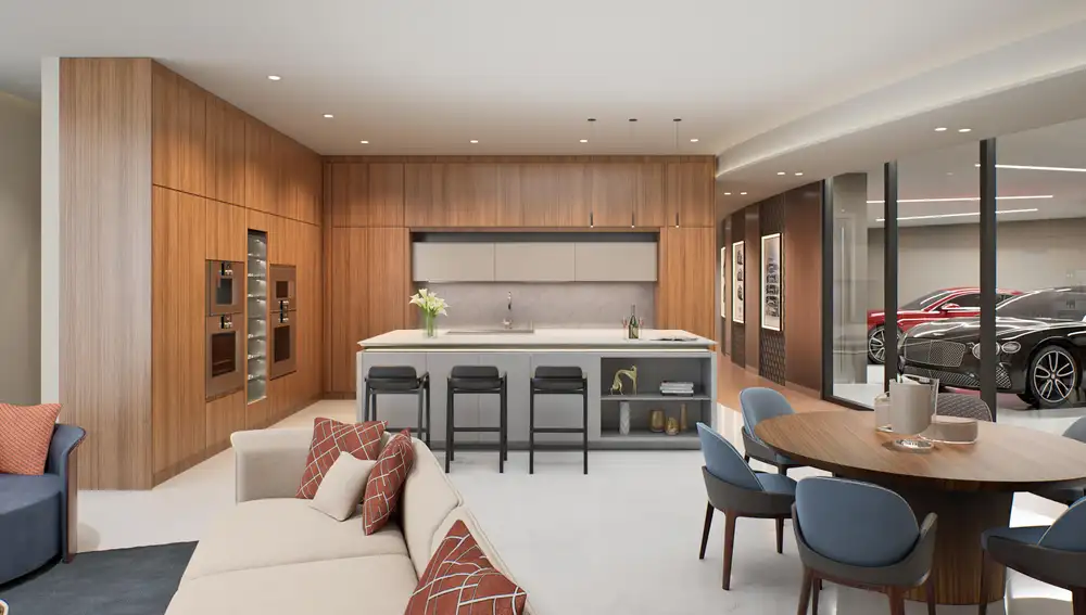 Estancia de la Bentley Residences, con los automóviles a la derecha de la imagen.