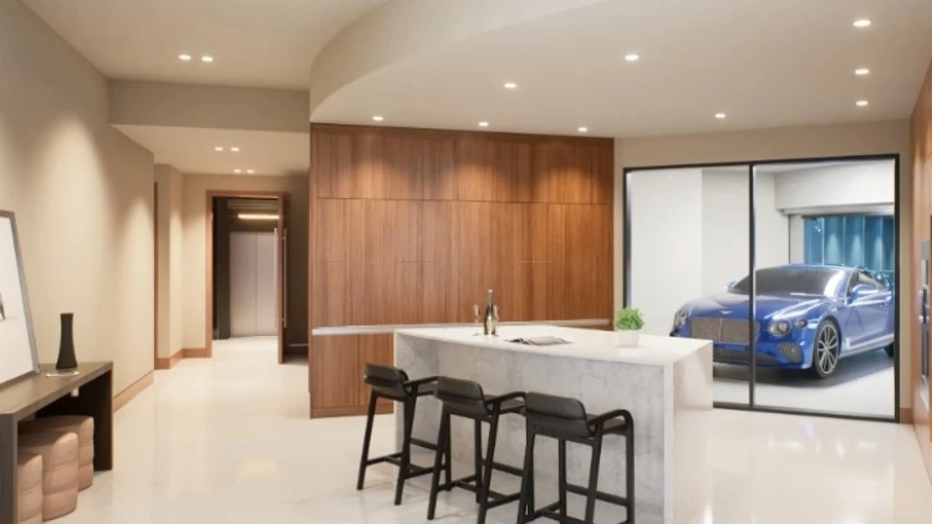 Recreación del edificio Bentley, en Miami, con un vehículo en una habitación de la casa.