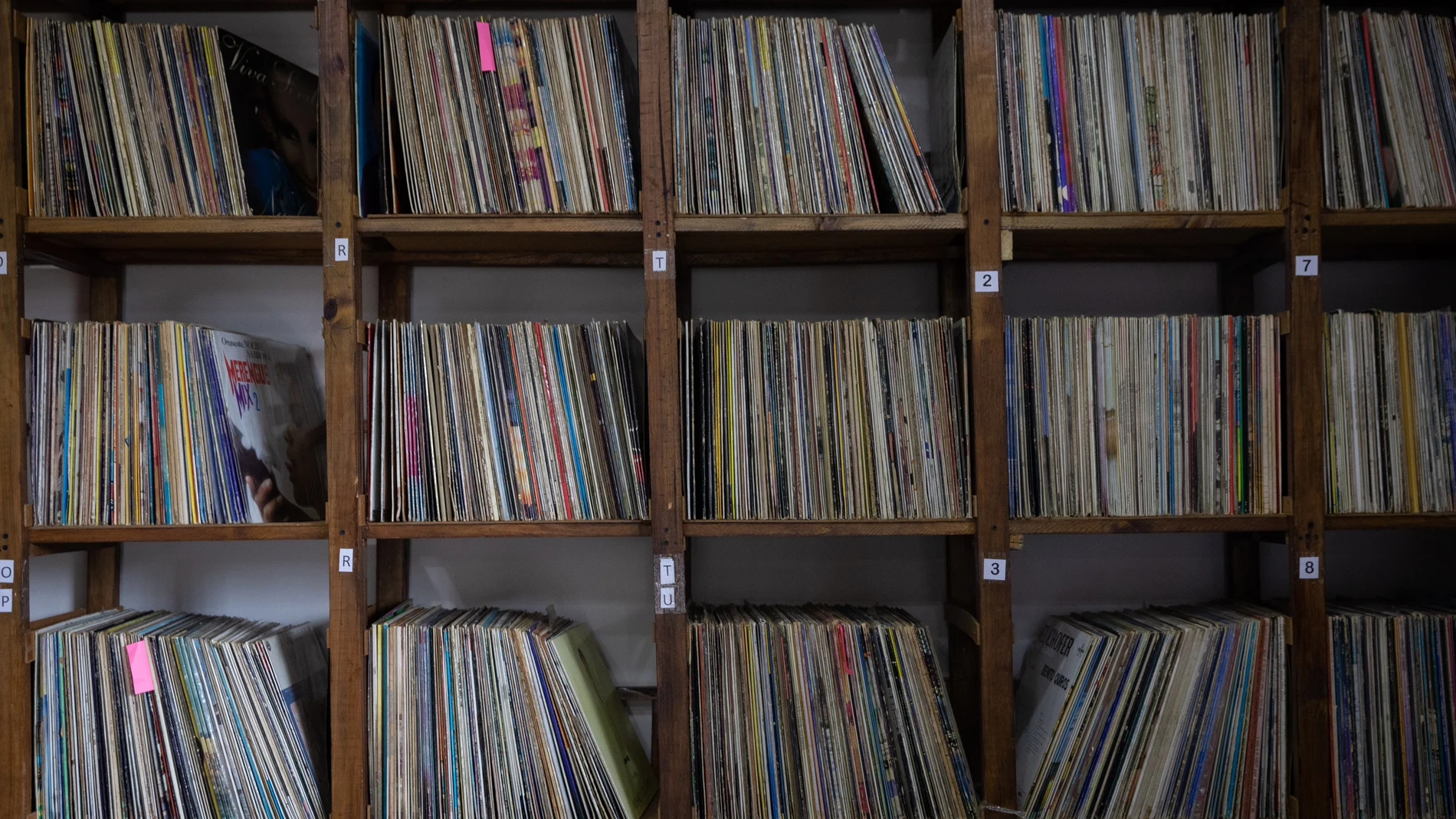 Fotografía de una colección de vinilos expuestos en una estantería de la tienda El Marchante, el 26 de agosto de 2022, en Caracas (Venezuela)