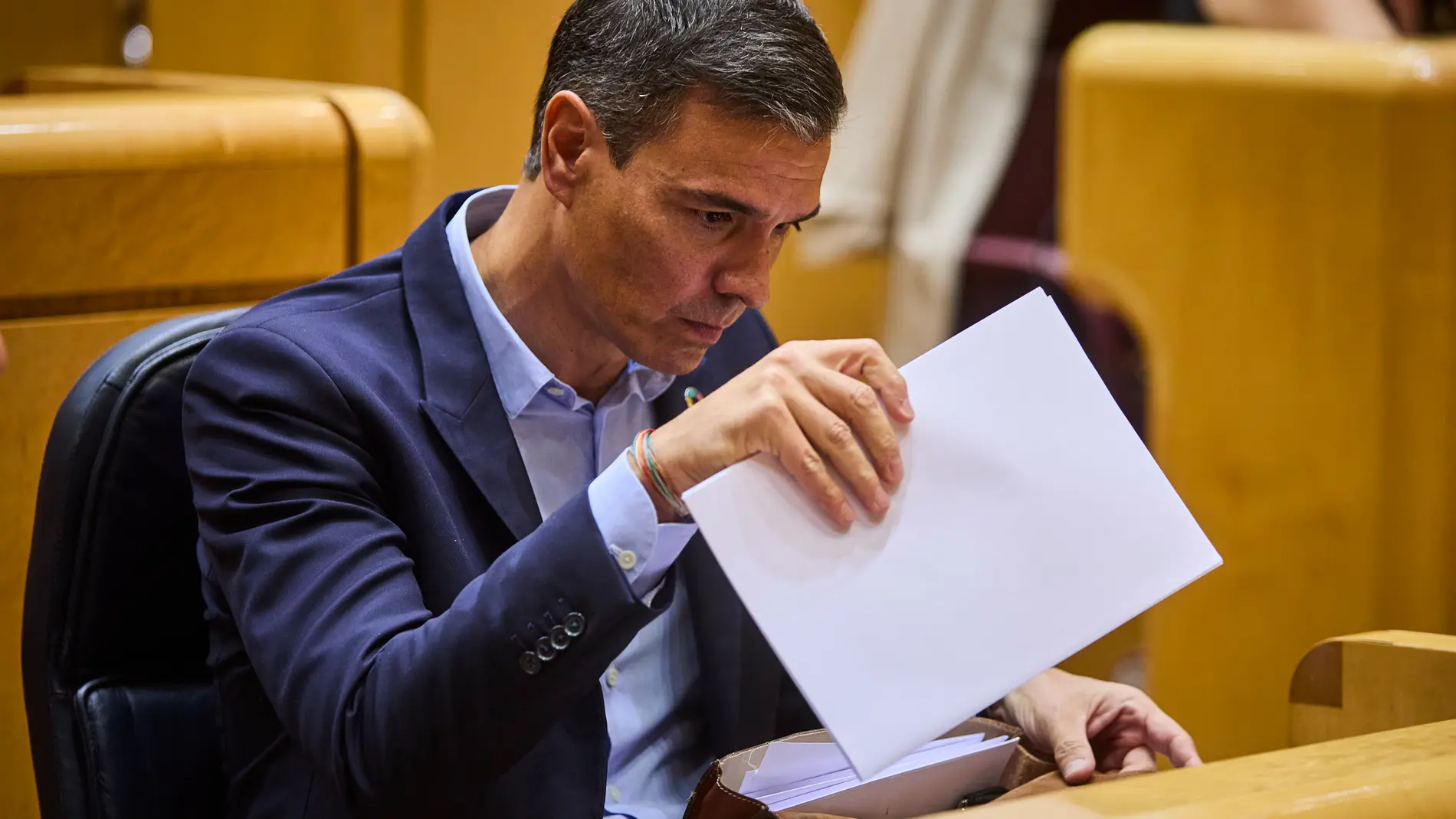 El presidente del Gobierno, Pedro Sánchez, asiste al pleno del Senado.