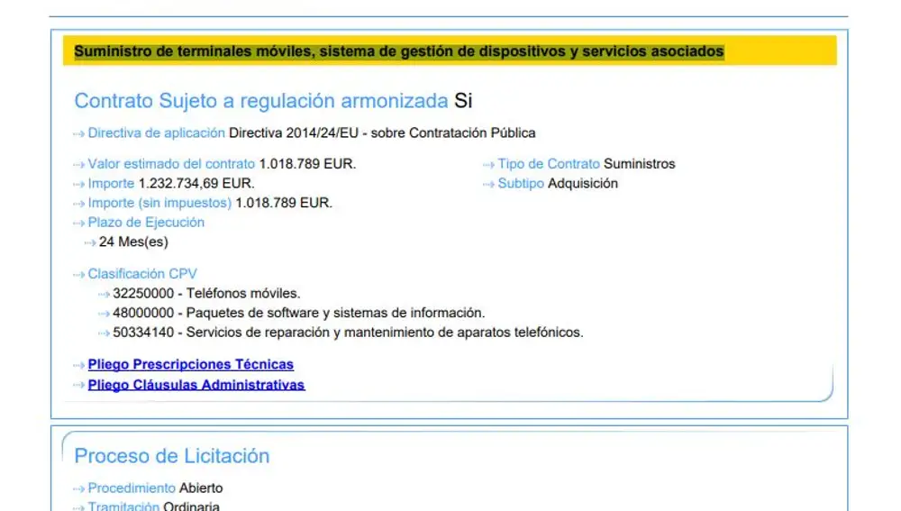 Documento de pliegos donde se refleja la licitación del Contrato para el suministro de terminales móviles al Congreso