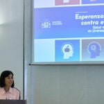 La ministra de Sanidad, Carolina Darias, interviene este viernes durante el acto "Salud Mental y Suicidio en Población Joven y Adolescente", en la Residencia de Estudiantes de Madrid
