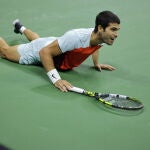 Alcaraz sonríe tras un punto en la final del US Open ante Casper Ruud