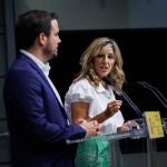 El ministro de Consumo, Alberto Garzón y la vicepresidenta segunda y ministra de Trabajo, Yolanda Díaz, comparecen tras una reunión con responsables de la distribución del sector de la alimentación y consumo 12/09/2022