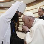 Francisco, ayer, en Nursultán, durante su encuentro con Antonij de Volokolamks, el emisario del patriarca ortodoxo ruso Kirill