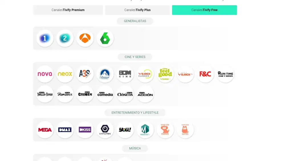 Algunos de los canales disponibles en el plan gratuito de Tivify.