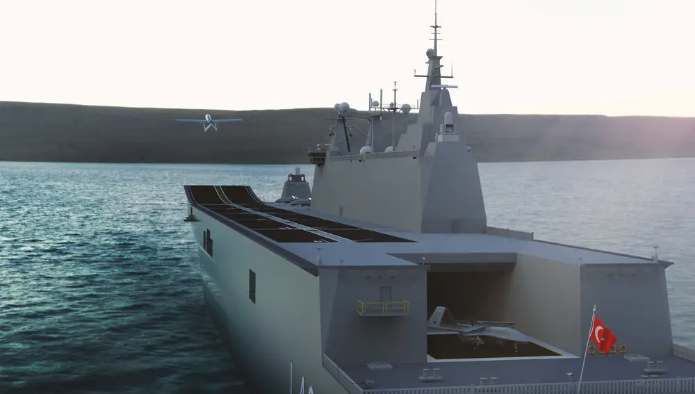 Recreación de drones despegando desde el TCG Anadolu