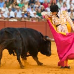 SEVILLA, 24/09/2022. - El diestro Juan Pedro García "Calerito", que hoy toma su alternativa, en un quite al quinto toro de la tarde durante la corrida de la Feria de San Miguel celebrada este sábado en la Plaza de la Maestranza, en Sevilla. EFE/ Raúl Caro