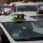 Numerosos taxis estacionados en la estación de Atocha de Madrid, a la espera de clientes