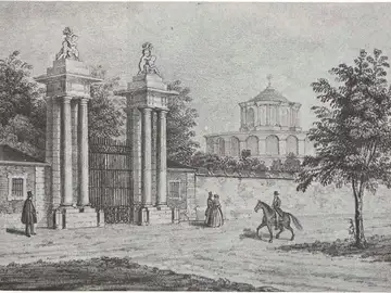 Grabado de la entrada al Casino de la Reina Grabado de la entrada al Casino de la Reina