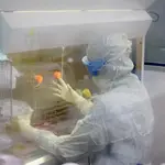 Un sanitario en el interior de la Sala Blanca Integral de nueva generación, que ha incorporado el hospital infantil Niño Jesús, y que es la primera de este tipo en Europa para la elaboración de terapias avanzadas, y en la que se fabricará un fármaco contra el cáncer infantil que se evaluará en un ensayo clínico y se destinará a niños con tumores sólidos avanzados