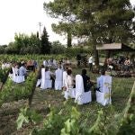 Varios asistentes a un concierto en un viñedo